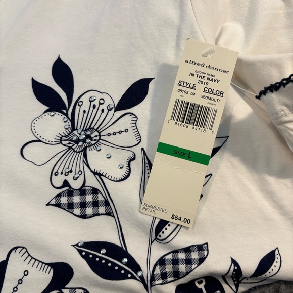 NWT Alfred Dunner White Navy Floral Rhinestone Top Women's Large Cotton - Picture 5 of 7